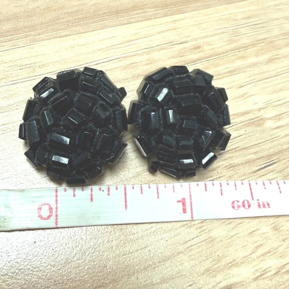 Vintage Black Beaded Clip On Earrings Mid Century Modern Round Cluster 1 Inch
